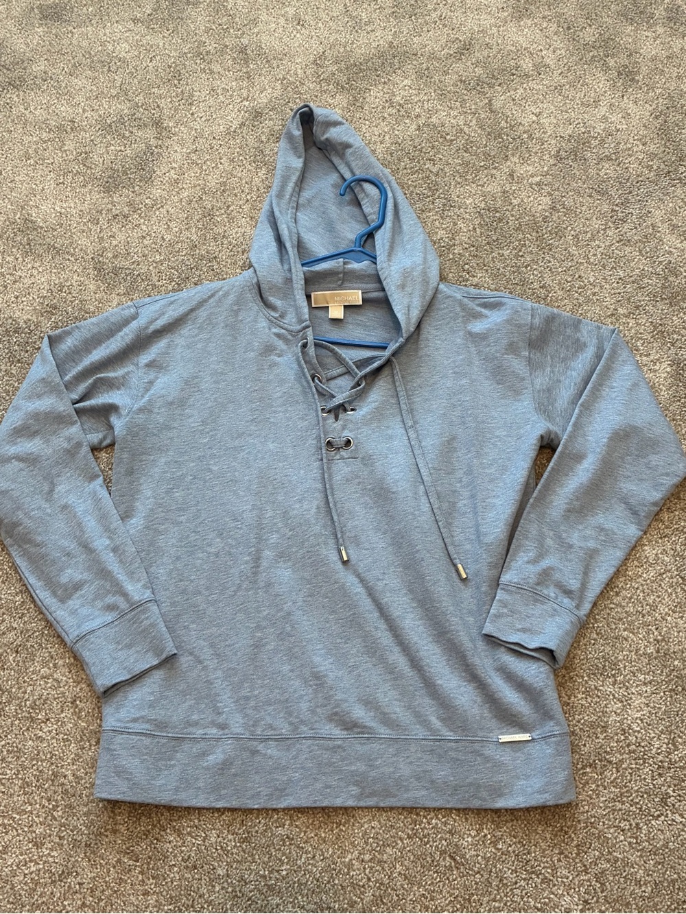 Michael Kors Women's Light Blue Lace-Up Hooded Long Sleeve Top